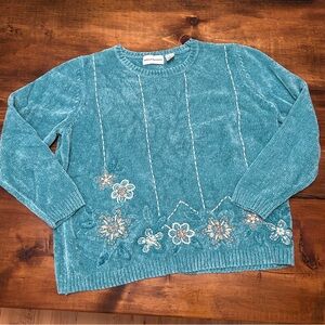 Teal Alfred Dunner Floral Embroidered Women’s Large Vintage Crewneck Sweater